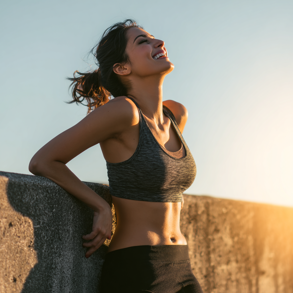 Happy European woman practicing breathing exercises outdoors with focused expression and athletic wear
